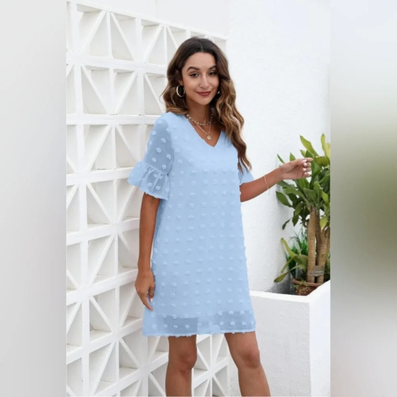 Grace Karin Belle Sleeves Blue Dotted Sun Dress Size Small - Picture 4 of 12